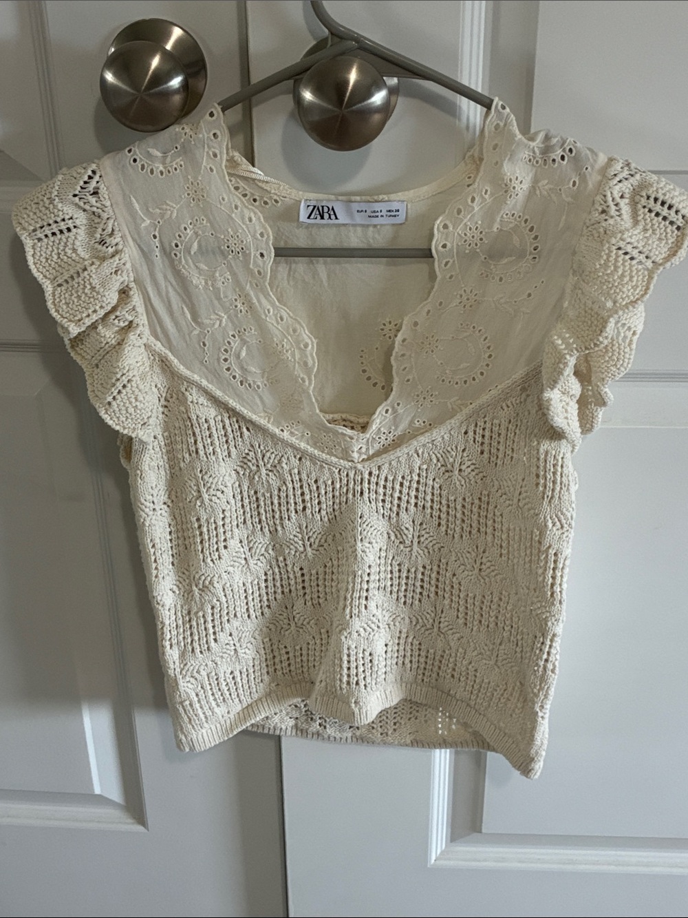 Zara Cream Crochet Lace V-Neck Top with Ruffle Sleeves